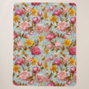 Antique Style Floral Print Sherpa Blanket
