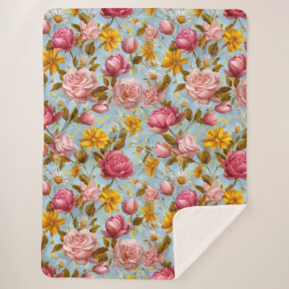Antique Style Floral Print Sherpa Blanket