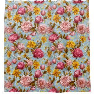 Antique Style Floral Print Shower Curtain