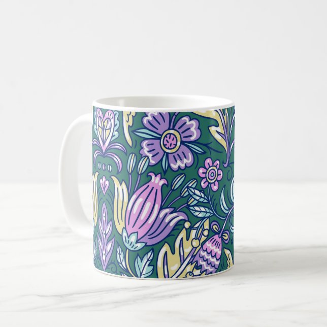 Antique Style Flowers and Birds Pattern Coffee Mug (Front Left)