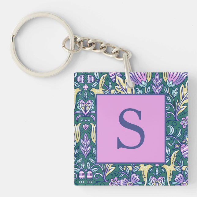 Antique Style Flowers and Birds Pattern Monogram Key Ring (Front)