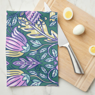 Antique Style Flowers and Birds Pattern Tea Towel