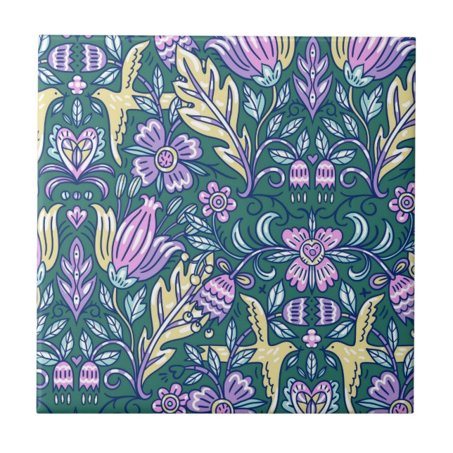 Antique Style Flowers and Birds Pattern Tile (Front)