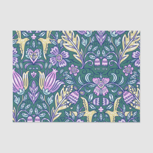Antique Style Flowers and Birds Pattern Tissue Paper (Front)