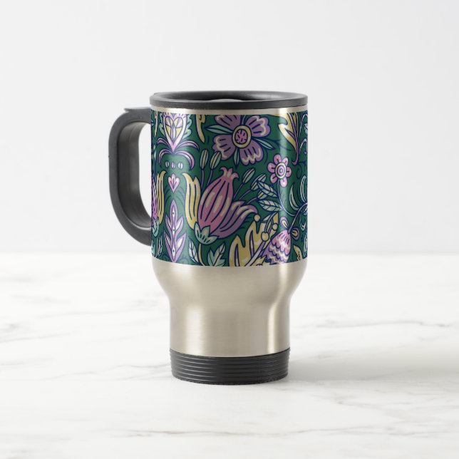 Antique Style Flowers and Birds Pattern Travel Mug (Front Left)