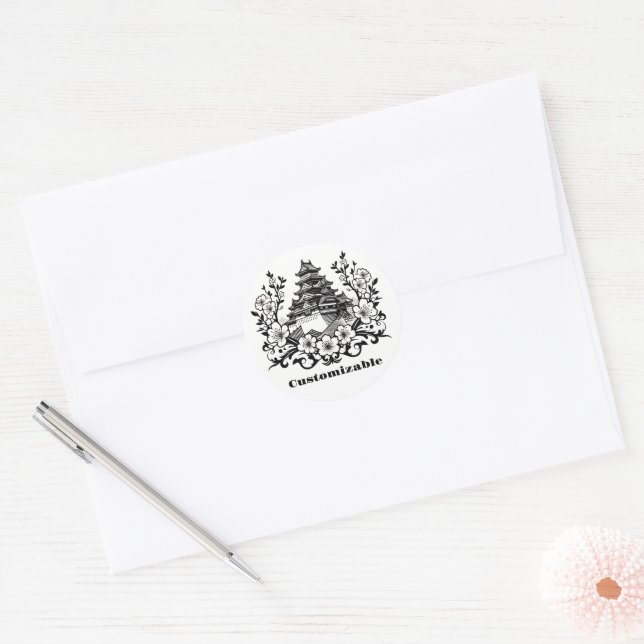 Antique Style Japanese Castle Sakura Personalized Classic Round Sticker (Envelope)