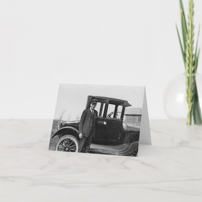 Antique Style Man with Car Note Card (Front)