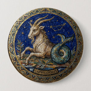 Antique Style Mosaic Zodiac Capricorn 10 Cm Round Badge