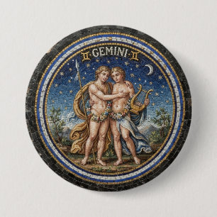 Antique Style Mosaic Zodiac Gemini 7.5 Cm Round Badge