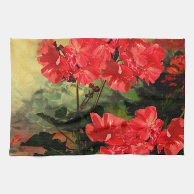 Antique Style Red Geranium Flowers  Gifts Tea Towel (Horizontal)