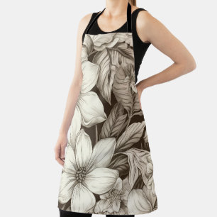 Antique-Style Sepia Floral with Fine Linework Apron