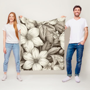 Antique-Style Sepia Floral with Fine Linework Fleece Blanket