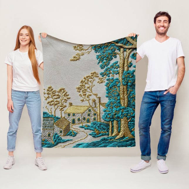 Antique Style Teal + Gold Colour Rural Fleece Blanket (In Situ)