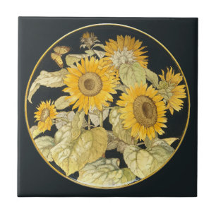 Antique Sunflower Ceramic Art 19th Century Tile