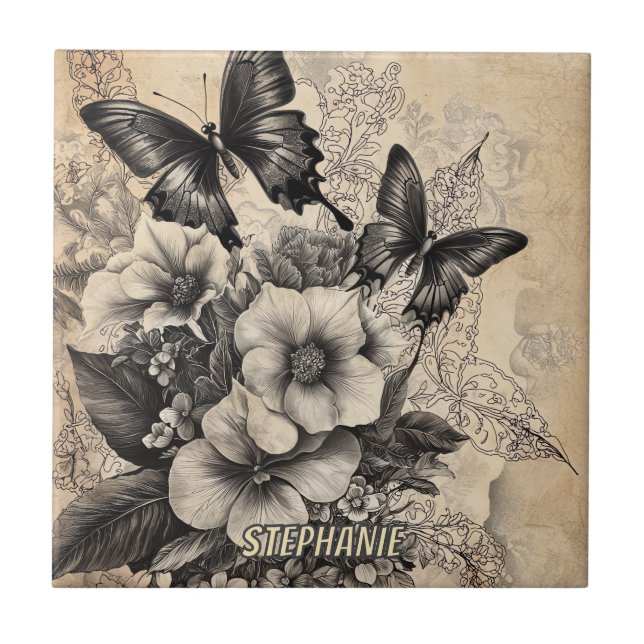Antique Swallowtail Butterfly Botanical Tile (Front)