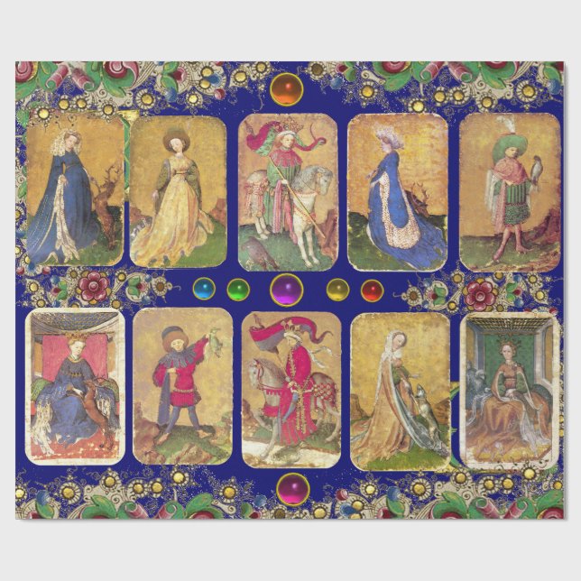 Antique Tarots,German Court Cards,Gold Blue Floral Wrapping Paper (Flat)