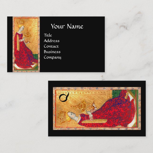ANTIQUE TAROTS QUEEN OF CUPS BLACK GOLD MONOGRAM BUSINESS CARD (Front/Back)
