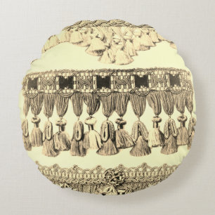 Antique tassel lace tribal pattern cream black round cushion
