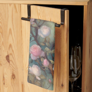 Antique tea roses on teal pattern towel