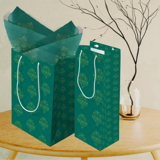 Antique Teal Green Gold Damask  Medium Gift Bag (Elegant damask pattern.)