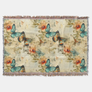 Antique Teal Orange Butterfly Floral Throw Blanket