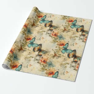 Antique Teal Orange Butterfly Floral Wrapping Paper