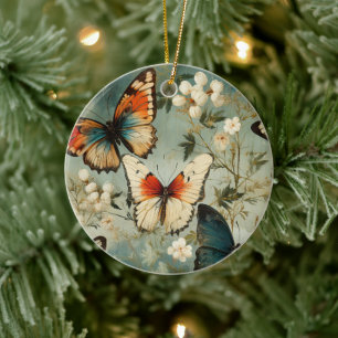 Antique Teal Orange Butterfly White Blossom Ceramic Tree Decoration