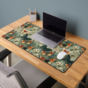 Antique Teal Orange Butterfly White Blossom Desk Mat