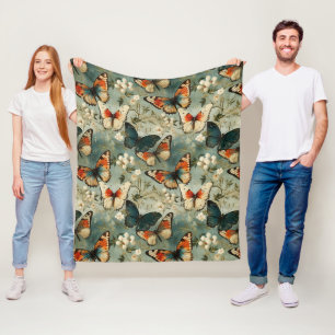 Antique Teal Orange Butterfly White Blossom Fleece Blanket