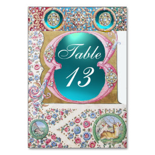 ANTIQUE TEAL PINK FLORAL, BLUE GEMSTONES,PEARLS TABLE NUMBER