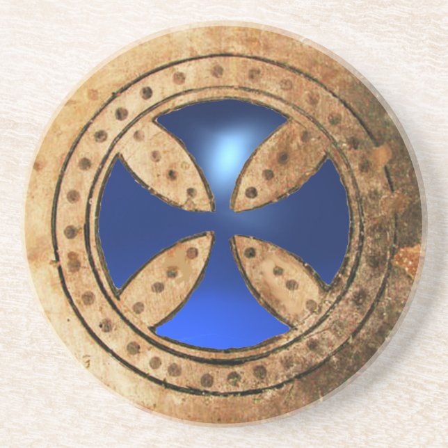ANTIQUE TEMPLAR CROSS Blue Sapphire Gem Coaster (Front)