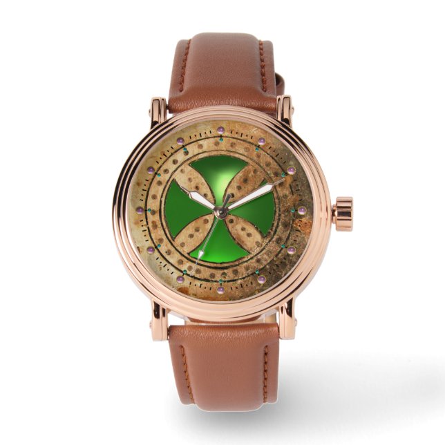 ANTIQUE TEMPLAR CROSS Green Emerald Gem Watch (Front)