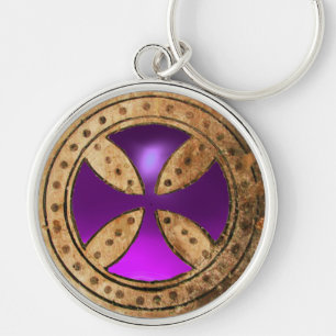 ANTIQUE TEMPLAR CROSS Purple Amethyst Gem Key Ring