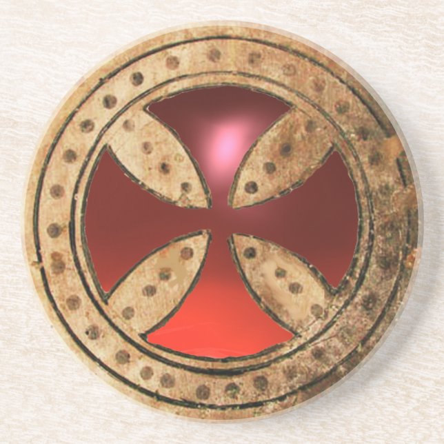 ANTIQUE TEMPLAR CROSS Red Ruby Gem Coaster (Front)