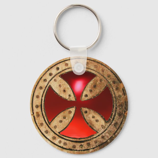 ANTIQUE TEMPLAR CROSS Red Ruby Gem Key Ring (Front)
