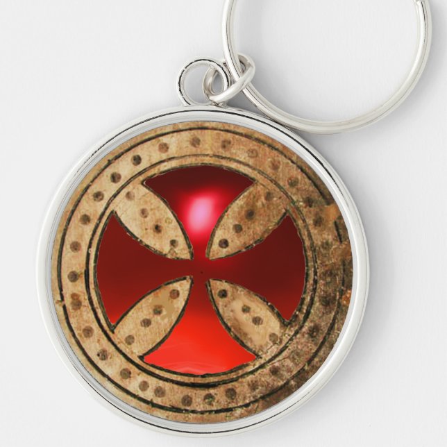 ANTIQUE TEMPLAR CROSS Red Ruby Gem Key Ring (Front)