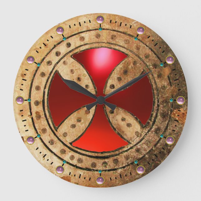ANTIQUE TEMPLAR CROSS Red Ruby Gem Large Clock (Front)