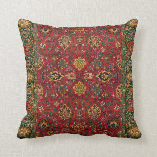 Antique Textile Design Burgundy and Green Cushion