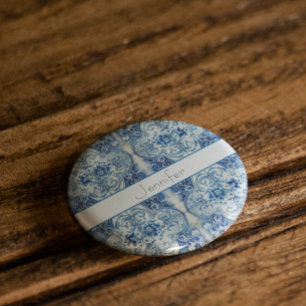 Antique Tiles in Delft Blue, customisable 15 Cm Square Badge