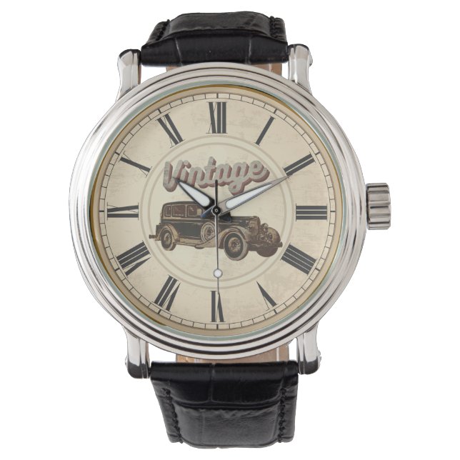 ANTIQUE TIME ROMAN NUMERALS VINTAGE CAR WATCH (Front)