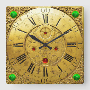 Antique Time,Shamrocks,Ruby Gemstones,Gold Yellow Square Wall Clock