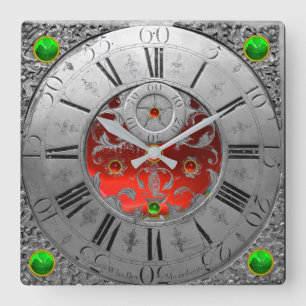 Antique Time,Shamrocks,Ruby Gemstones Silver Square Wall Clock