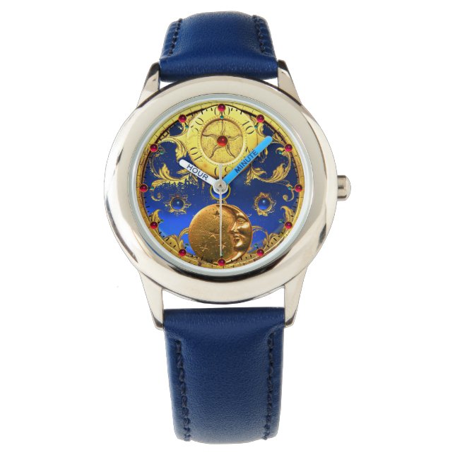 ANTIQUE TIME ,Sun, Moon and Stars,Blue Gold Yellow Watch (Front)