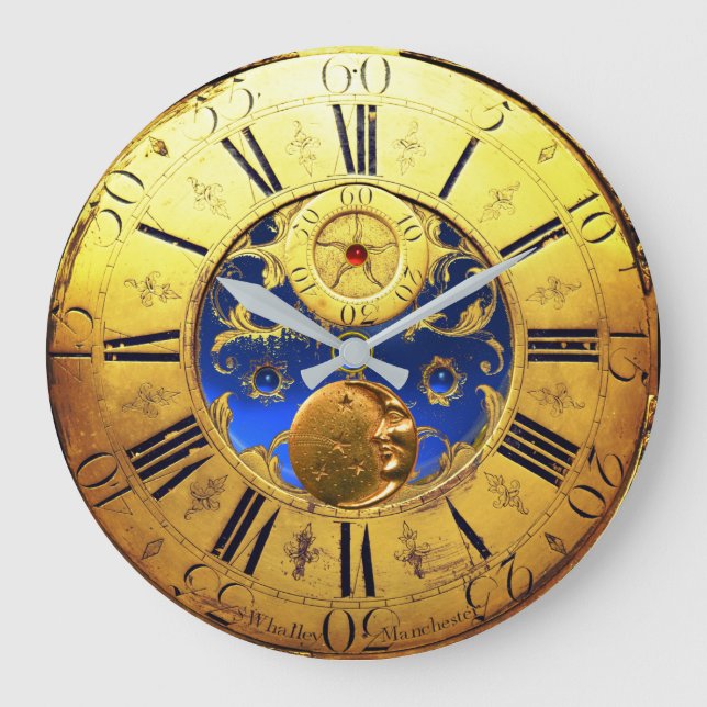 ANTIQUE TIME ,Sun, Moon,Stars,Blue Gem,Gold Yellow Large Clock (Front)