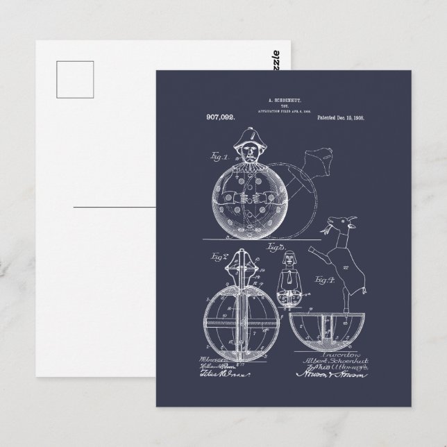 Antique Toy 1908 Roly Poly Patent Drawing Postcard (Front/Back)