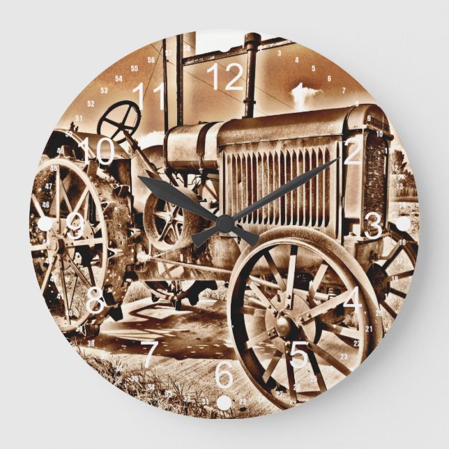 Antique Tractor Farm Equipment Classic Sepia Large Clock (Front)
