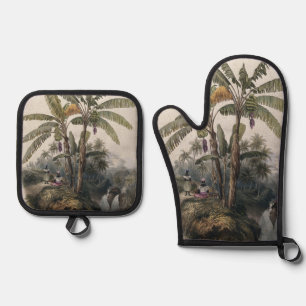 Antique Tropical Banana Tree Forest Vintage Bota Oven Mitt & Pot Holder Set