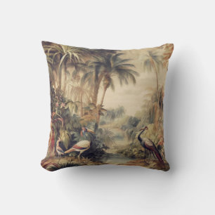 Antique Tropical Crane & Palm Botanical Art Cushion