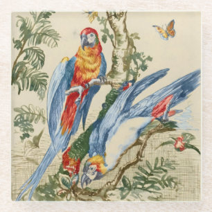 Antique Tropical Parrot and Butterfly Fine Art Glass Coaster
