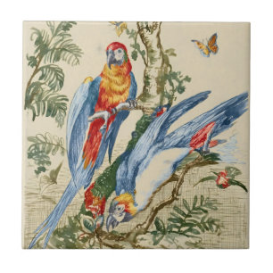 Antique Tropical Parrot and Butterfly Fine Art Tile